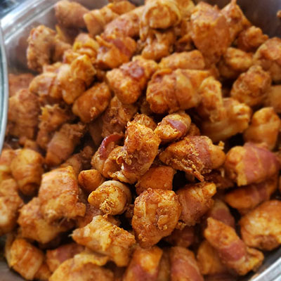 Sweet and spicy chicken bacon bites.